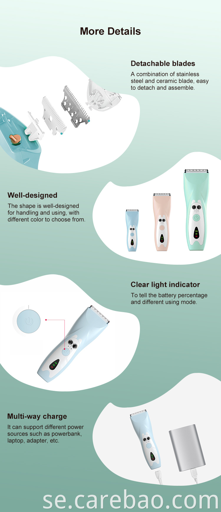 Carebao Waterbao Waterproof Electric Body Trimmer Baby Hair Clipper For Kids With Safety Löstagbart keramiskt blad